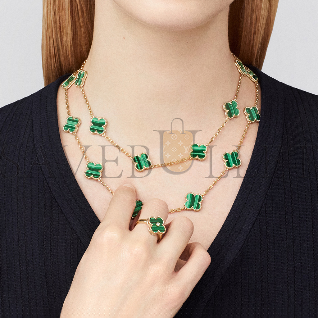 V*N CL*F arpels vintage alhambra long necklace, 20 motifs - yellow gold, malachite  vcarl88100